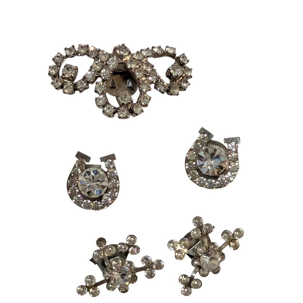 Vintage Rhinestone Shoe Clips Set of 5 Horseshoe Bow Floral Silver Tone Glam
